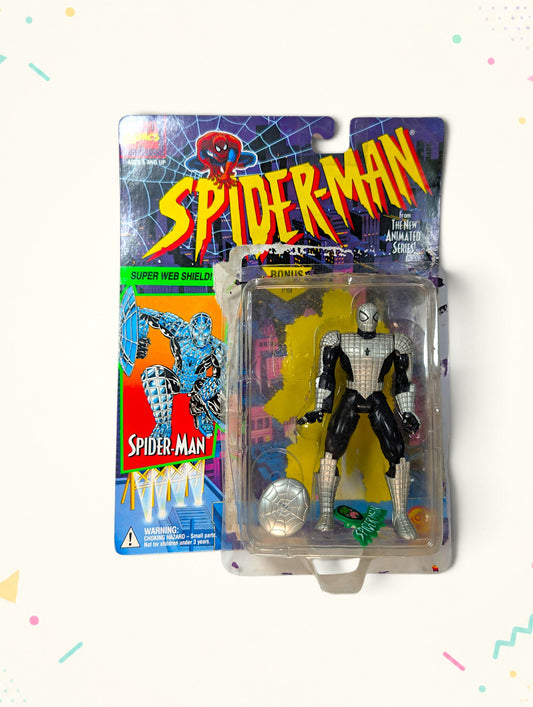 Vintage 1990s Spider-Man Spider Armor Action Figure – Toy Biz – Super Web Shield – Original Packaging