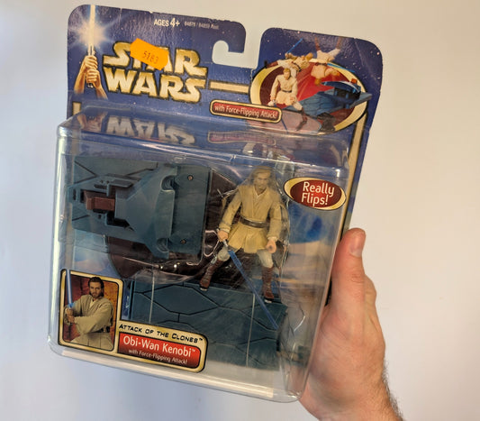Star Wars Attack of the Clones Obi-Wan Kenobi Force Flipping Action Figure – Hasbro 2002